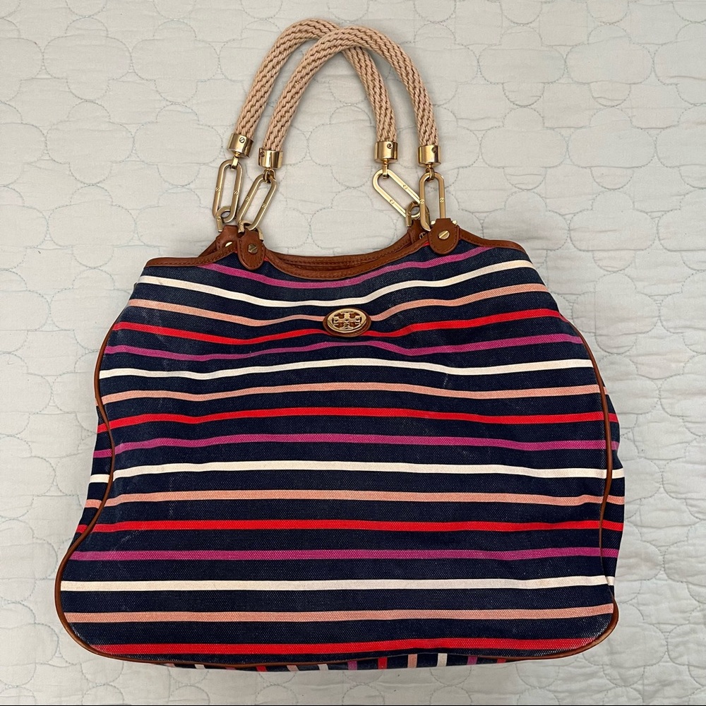 Tory Burch Channing Tote in Navy White & Pink Stripes & Goldtone Hardware